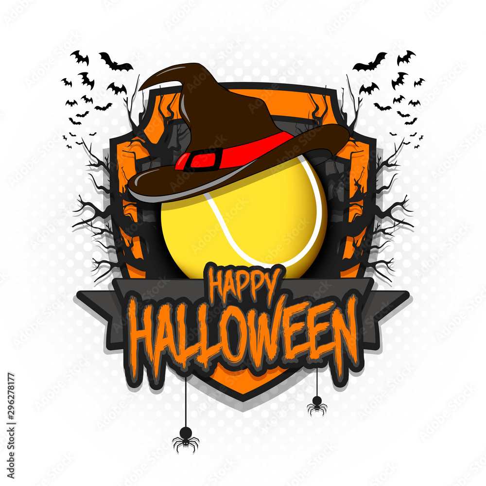 Obraz premium Tennis ball with witch hat and happy Hallowen