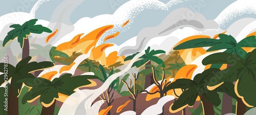 Amazonian forest fire panorama flat vector illustration. Tropical environment destruction, natural disaster, deforestation problem. Burning amazonia woods, ecological catastrophe, landscape in smoke.