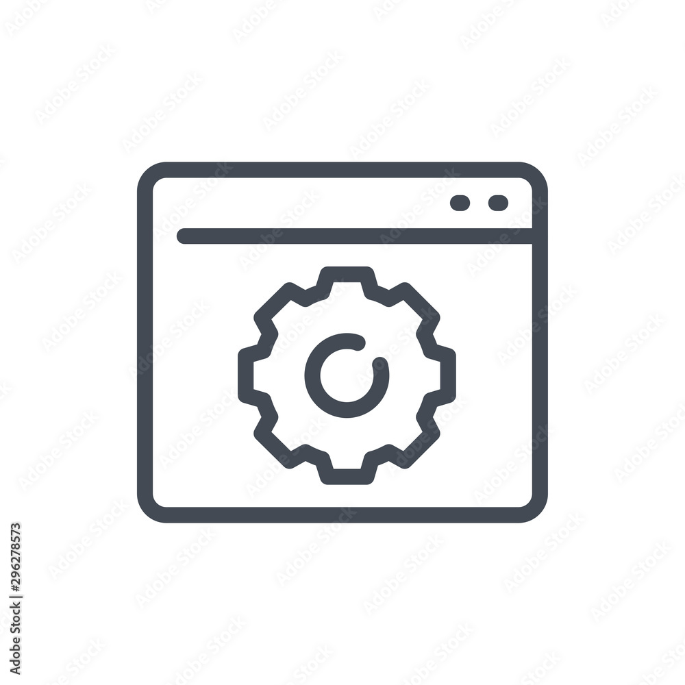 Web page settings line icon. Gear on website vector outline sign. Web page settings line icon. Gear on website vector outline sign.