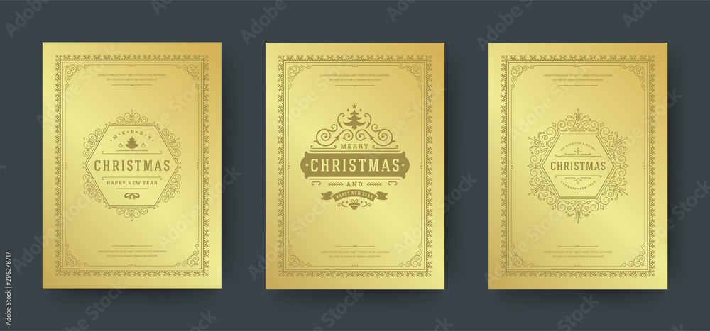 Christmas greeting cards design, ornate decoration symbols with tree, winter holidays wishes vintage typography