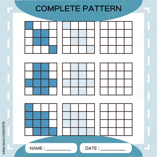Repeat blue pattern. Cube grid with squares. Special for preschool kids. Worksheet for practicing fine motor skills. Improving skills tasks. A4. Snap game. 4x4.