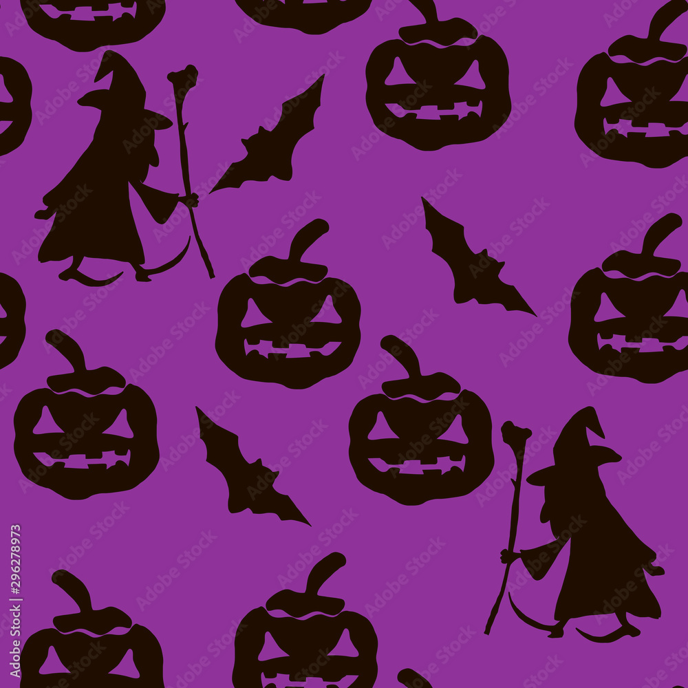Halloween seamless vector pattern for your design with black silhouette of pumpkins, witches and cats on a purple background Halloween seamless vector pattern for your design with black silhouette of pumpkins, witches and cats on a purple background
