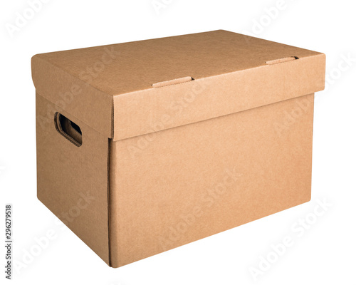 Cardboard archive storage box isolated on white background. Box packaging mockup