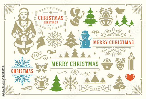 Christmas vector decoration symbols, ornate vignettes and icons for labels, badges and greeting card vector illustration