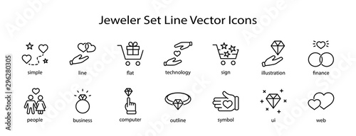 International Jeweler Day Set Line Vector Icons. Contains such Icons as Love, Heart, Hand, Family, Wedding Rings, Diamond, Jewelry store, Gift, Basket and more. Editable Stroke. 32x32 Pixel Perfect