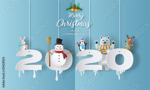 Merry Christmas and Happy New Year 2020 concept with snowman, reindeer, rabbit, bear and penguin, greeting and invitation card.