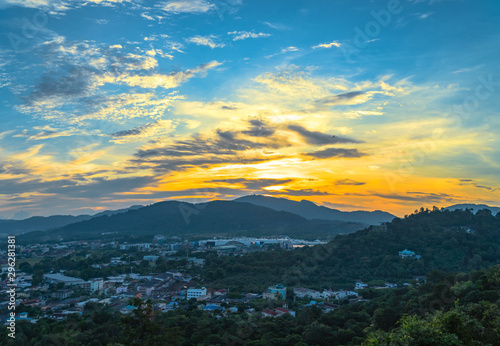 sunset at Khao Rang the landmark viewpoint of Phuket city. Khao Rang viewpoint on hill top in the middle of Phuket town on hill top can see the great big Buddha too. © Narong Niemhom