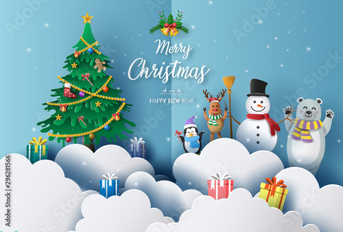 Merry Christmas and Happy New Year 2020 concept with snowman, reindeer, bear and penguin, greeting and invitation card.