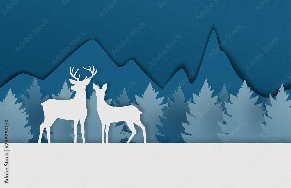Digital craft made deer couple on snowfield with pine forest and mountain in paper cut style. Vector illustration. Design for poster, banner, backdrop, wallpaper. Digital craft made deer couple on snowfield with pine forest and mountain in paper cut style. Vector illustration. Design for poster, banner, backdrop, wallpaper.