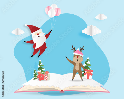 Merry Christmas and Happy new year greeting card in paper cut style. Vector illustration Christmas celebration background with happy Santa Claus and reindeer on open book. Poster, wallpaper, backdrop.