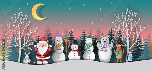 Paper art style of Santa Claus and friends, snowman, reindeer, rabbit, bear, and penguin with night scene, Merry Christmas and Happy New Year concept.