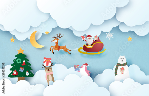 Merry Christmas and Happy new year greeting card in paper cut style. Vector illustration Christmas celebration background with happy Santa Claus and happy animal kids. Poster, wallpaper, backdrop.