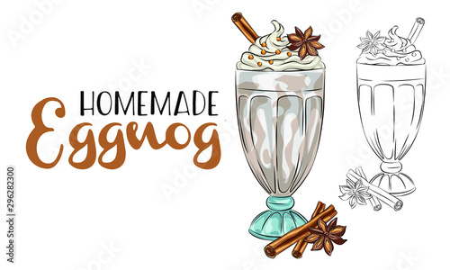 How to Make Eggnog - Pictorial recipe for the winter holidays cocktail, with bourbon, eggs, milk, sugar, cream and nutmeg, glasses of eggnog with cinnamon sticks hand drawn