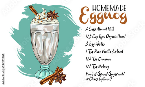 How to Make Eggnog - Pictorial recipe for the winter holidays cocktail, with bourbon, eggs, milk, sugar, cream and nutmeg, glasses of eggnog with cinnamon sticks hand drawn