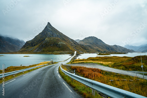 Scenic view of road to mountain against sky in Lofoten island Norway