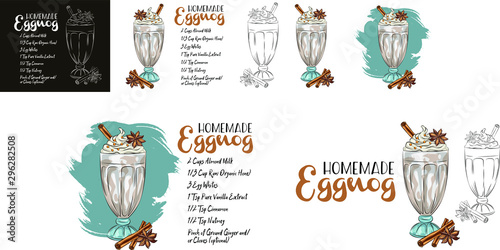 How to Make Eggnog - Pictorial recipe for the winter holidays cocktail, with bourbon, eggs, milk, sugar, cream and nutmeg, glasses of eggnog with cinnamon sticks hand drawn