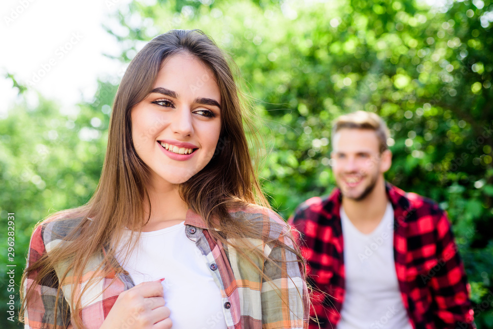 Feeling happiness. happy valentines day. summer camping in forest. family weekend. romantic date. first meet of couple outdoor. Relationship. couple in love. girl in selective focus with man in park