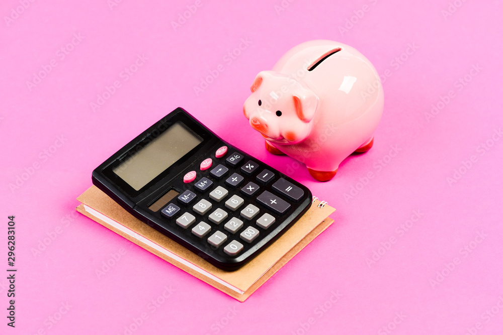 bookkeeping. financial report. saving money. First salary. business start up. family budget management. piggy bank with calculator. Moneybox. Payment method bookkeeping. financial report. saving money. First salary. business start up. family budget management. piggy bank with calculator. Moneybox. Payment method