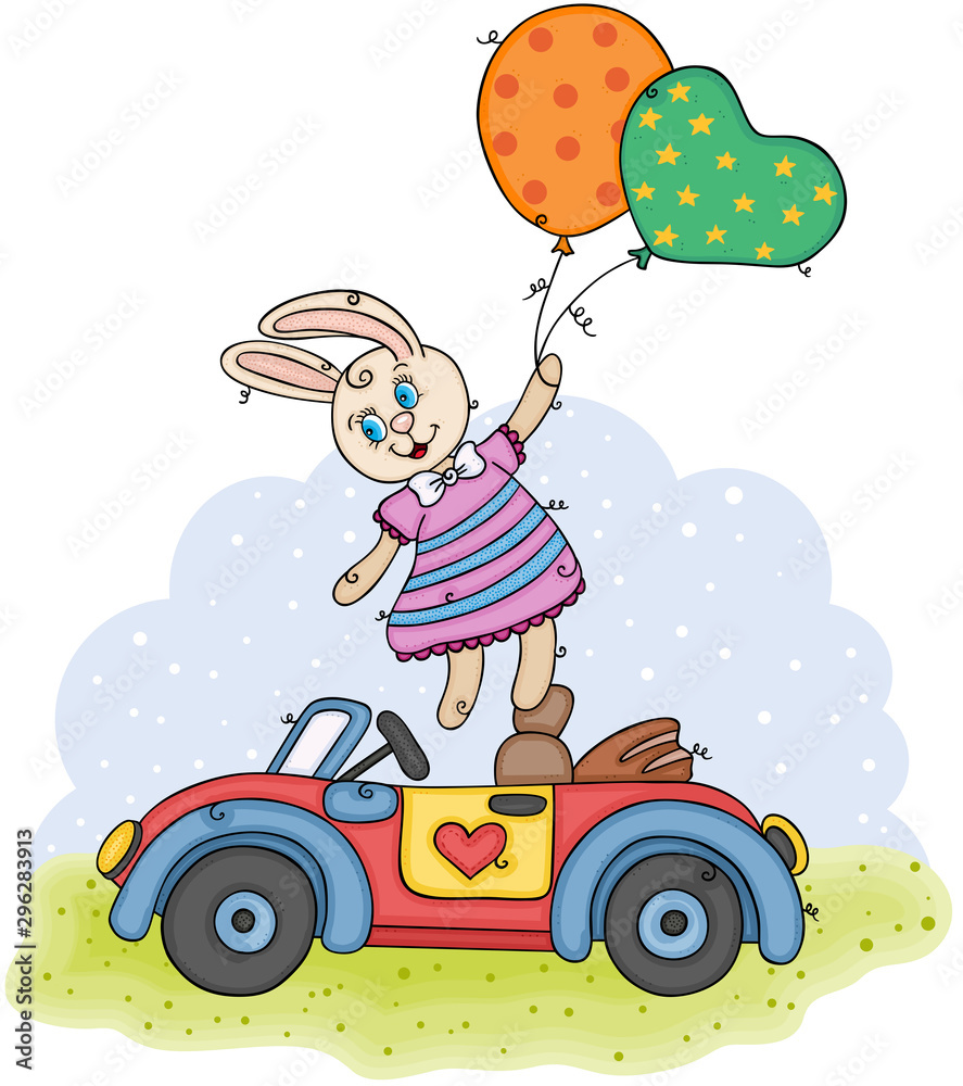 Fototapeta premium Children illustration with cute bunny flying holding balloons and small car