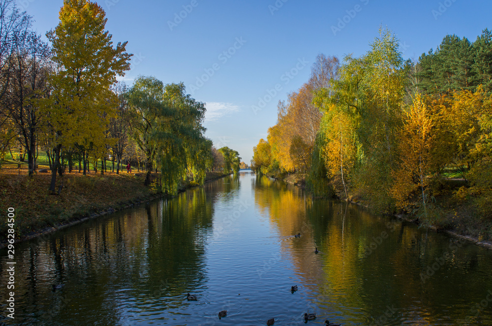 Autumn park with yellow leaves and trees with a river and reflection in the water and blue sky.