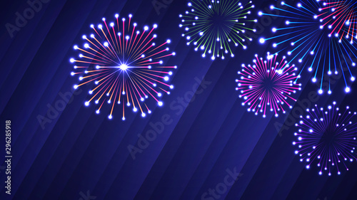 Abstract glowing neon colored festive fireworks light background