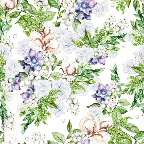 Beautiful Seamless pattern with watercolor tender roses and snowberry, cotton, and blueberries.   photo