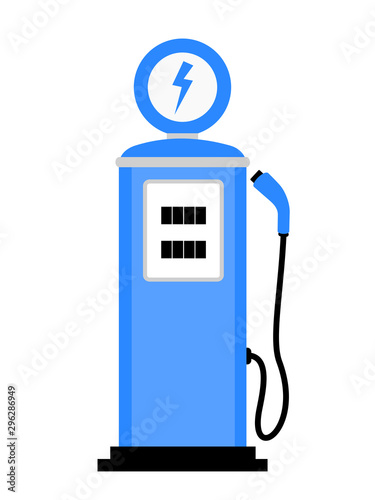Old retro and vintage fuel station with outlet to charge electric vehicle. E-mobility and charging on the station. Vector illustration isolated on white.