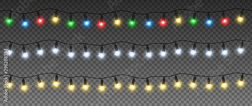 Set of Christmas garlands with colorful lamps: yellow, green, blue, red, white. Vector light effect. EPS 10