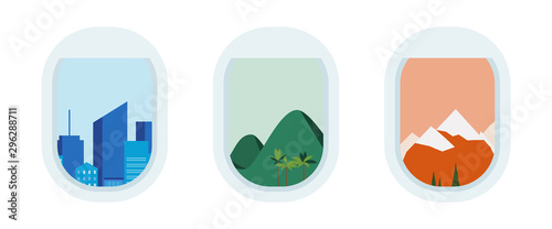 Set of aircraft portholes, windows with different landscapes