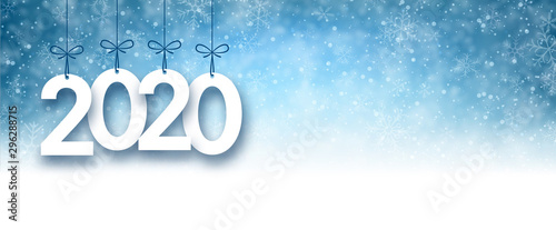 Blue 2020 New Year banner with snow.