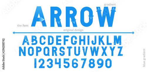 Font alphabet design with blue gradient arrow. Flat logo design. Vector typeface modern typography.
