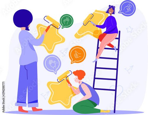 Customer review, rating and feedback concept. People are drawing stars on the wall. Vector illustration.
