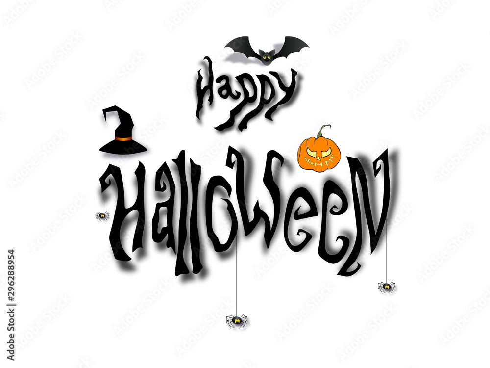 Fototapeta premium Happy Halloween banner with hand drawn text, pumpkin, spiders, bat and witch hat. Vector background