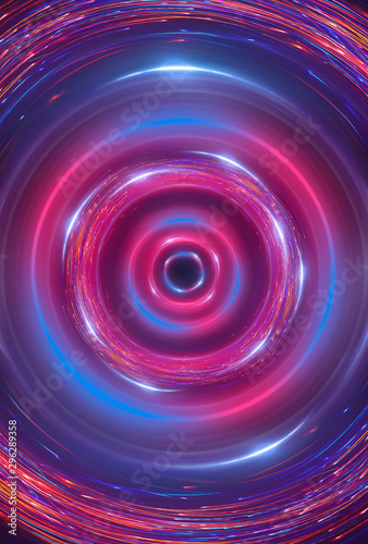 Abstract neon background with light circles  geometric shapes made of neon. Abstract light  scene  purple  pink  blue neon  portal. Futuristic background  neon circle.