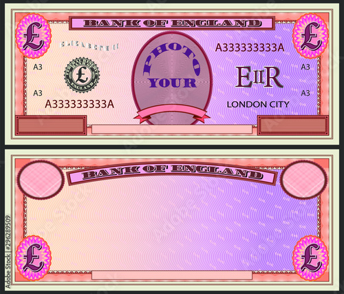 Stylistic orange violet banknote blank with pound sign and text your photo