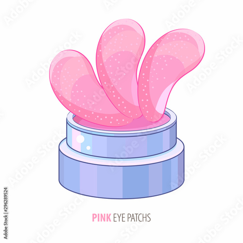 Cosmetic hydrogel pink eye patch jar. Cosmetic product for skin. Patches under the eyes. ollagen mask. Korean cosmetics. Facial skin care. Beauty product for eye care