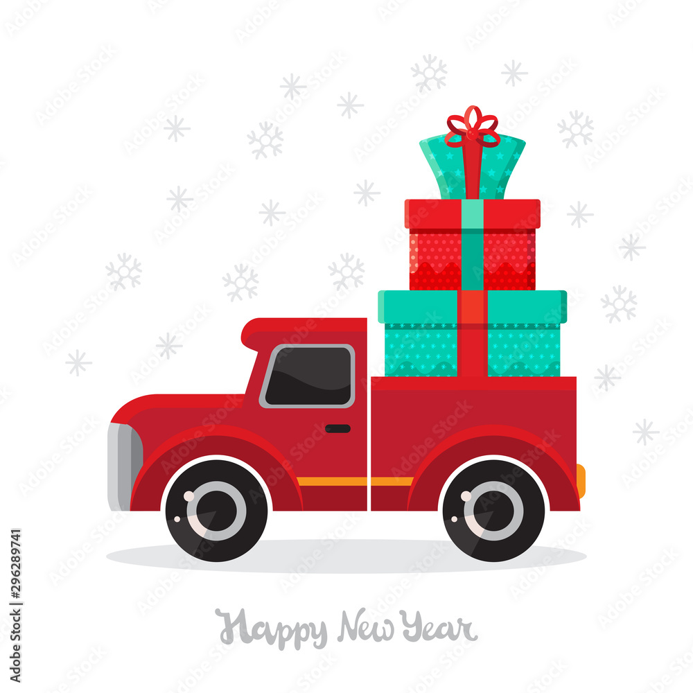 Car with gifts on a winter background. Christmas car toys with gift boxes of vector cartoon. Flat design vector festive holiday design element. Christmas and new year shopping. Car with gifts on a winter background. Christmas car toys with gift boxes of vector cartoon. Flat design vector festive holiday design element. Christmas and new year shopping.