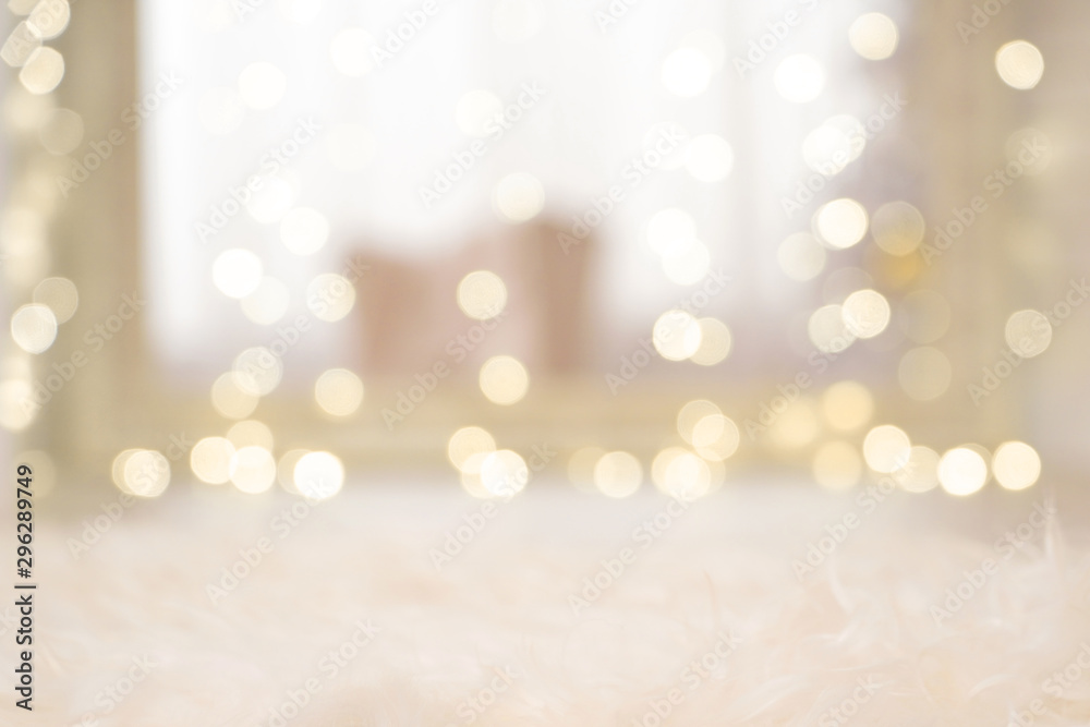 Defocused background with blurred Christmas light. New year magic bokeh lights in warm colours - obrazy, fototapety, plakaty 
