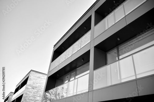 Modern apartment buildings. Facade of a modern apartment building. Black and white.