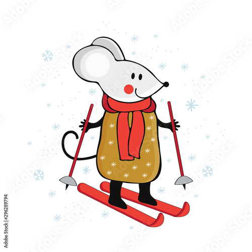 Cute cartoon little mouse skiing. Mouse engaged in winter sports. Funny animal playing in winter. Hand drawn vector illustration. Scandinavian