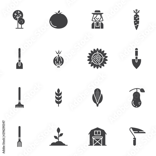 Agriculture harvest vector icons set, modern solid symbol collection, filled style pictogram pack. Signs, logo illustration. Set includes icons as tree, tomato, gardener, farmer, sunflower, shovel