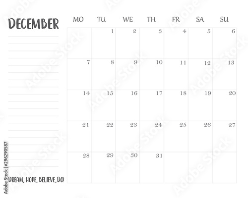 I can Do It". Monthly printable planner, organizer and schedule template for December 2020.