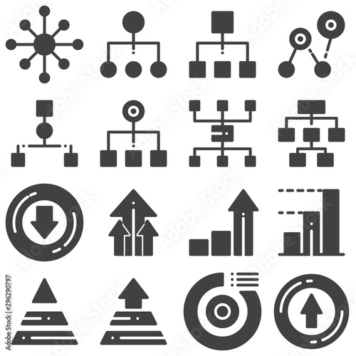 Flowchart management vector icons set, modern solid symbol collection, filled style pictogram pack. Signs, logo illustration. Set includes icons as hierarchy structure, pyramid diagram, pie chart