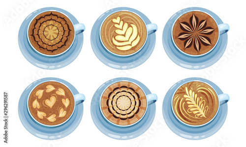Latte Art. Top View Coffee Foam Drawing Vector Illustration Collection