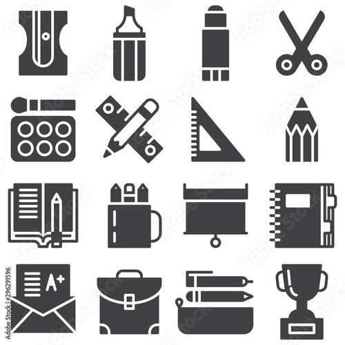 School supplies vector icons set, modern solid symbol collection, filled style pictogram pack. Signs, logo illustration. Set includes icons as pencil sharpener, marker, scissors, ruler, notepad