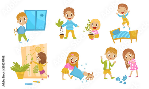 Little Naughty Kid Characters Doing Tricks Vector Illustrations.
