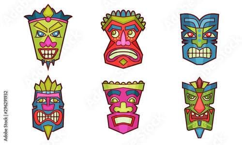 African Decorative Ancient Mask To Put On Face Vector Illustration Set