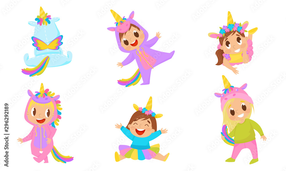 Baby Child Wearing Unicorn Costume And Laughing Vector Illustrations Baby Child Wearing Unicorn Costume And Laughing Vector Illustrations