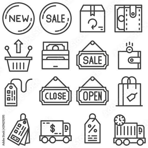 Shopping line icons set. linear style symbols collection, outline signs pack. vector graphics. Set includes icons as close, open, sale, new, discount, money, wallet, shopping basket, price tag, paying