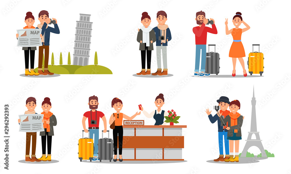 People Characters Travelling Together. Young Man And Woman Having Journey Around Europe Vector Illustration People Characters Travelling Together. Young Man And Woman Having Journey Around Europe Vector Illustration